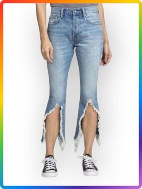 PRPS Biscayne High Rise Crop Jeans SIZE 28 Blue Frayed Hem Button Fly Distressed